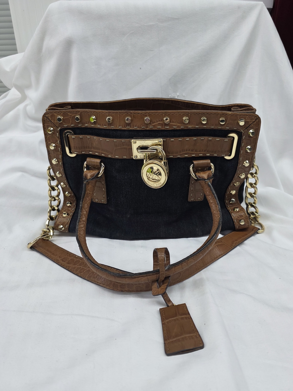 Michael Kors Black Canvas with Brown Leather Trim Studded Bag